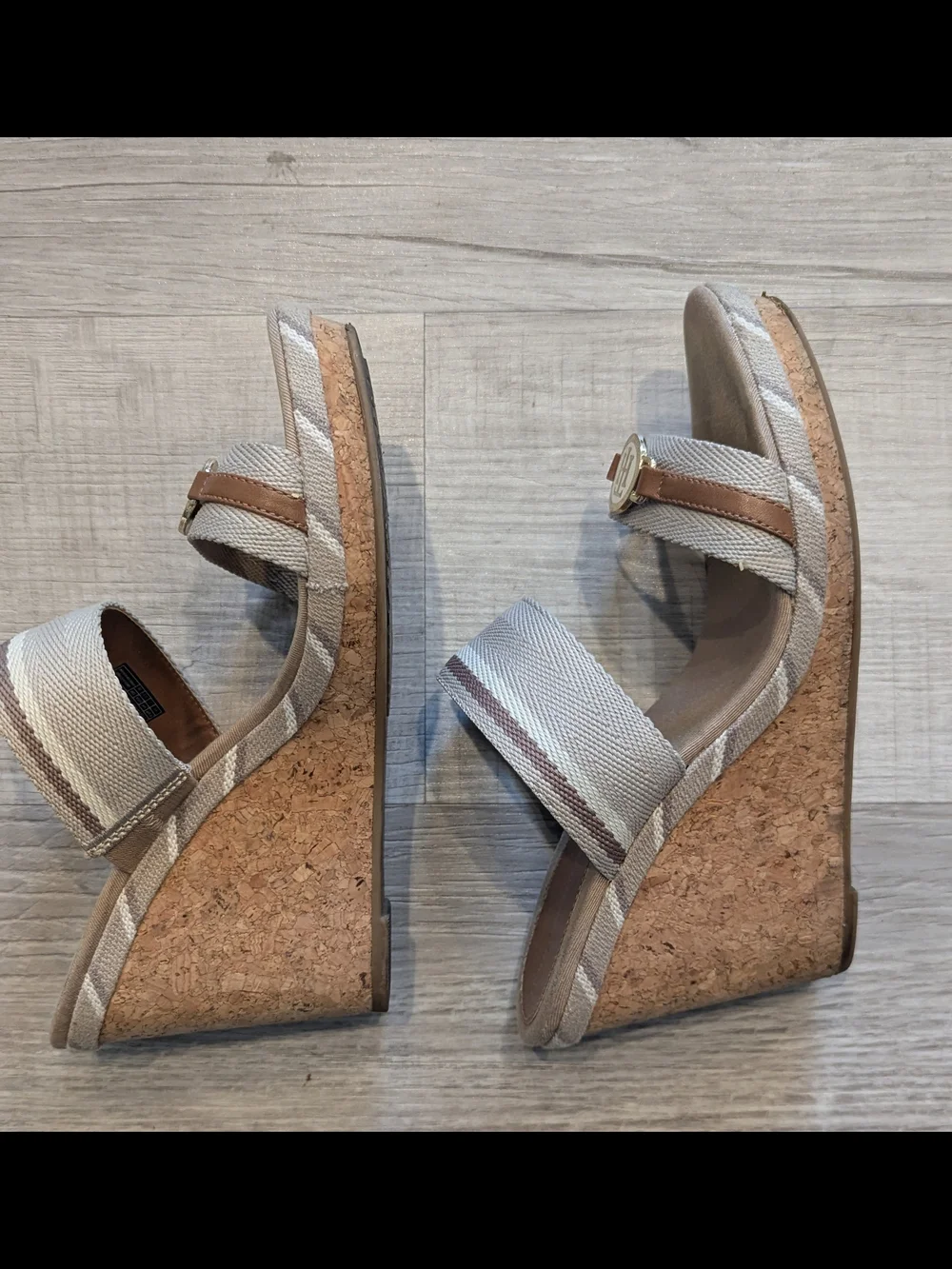 Tommy Hilfiger Beige and Tan Wedge Slide Sandals with Logo Medallions